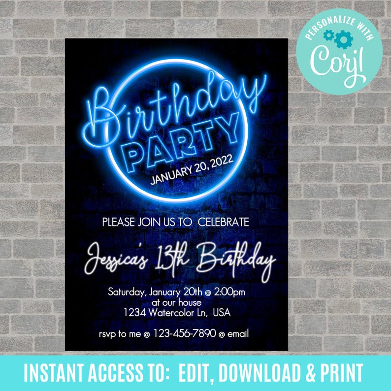 Neon Birthday Invitation Neon Light Birthday Invitation Glow Etsy