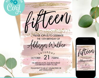 fifteen birthday invitation, 15th birthday invite, 15 invitation,  fifteen invitation , editable 15th bithday invitation