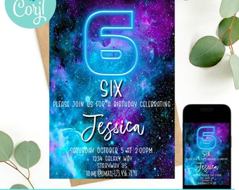 Galaxy Birthday Invitation, sixth birthday invitation, 6th birthday invite, space birthday invite, neon birthday invite