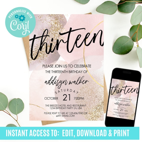 13th birthday invitation, modern invitations, 13th birthday invitation girl, Official teenager invitation, thirteenth birthday invitation