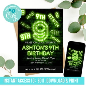 Any Age, Neon Light Birthday Invitation, 9th Birthday Invitation, Boy 9th Birthday Invitation, Glow in the dark birthday Invitation