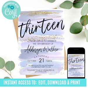 13th birthday invitation, girl invitations, editable invitation, teenage girl birthday invitation, thirteenth birthday invitation
