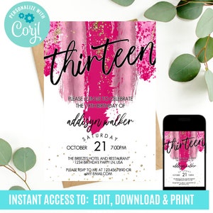 13e anniversaire, invitation du treizième anniversaire, anniversaire pailleté, fête du 13e anniversaire, invitation modifiable, invitation d’anniversaire pour adolescents