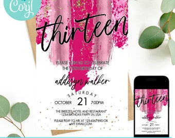 13th birthday, thirteenth birthday invitation, glitter birthday , 13th birthday party, Editable invite, teen birthday invite