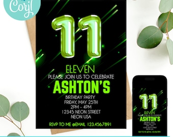 11th birthday, 11th birthday invitation, birthday invitation, birthday invitations for boys, Neon Birthday Invite, boys 11th birthday