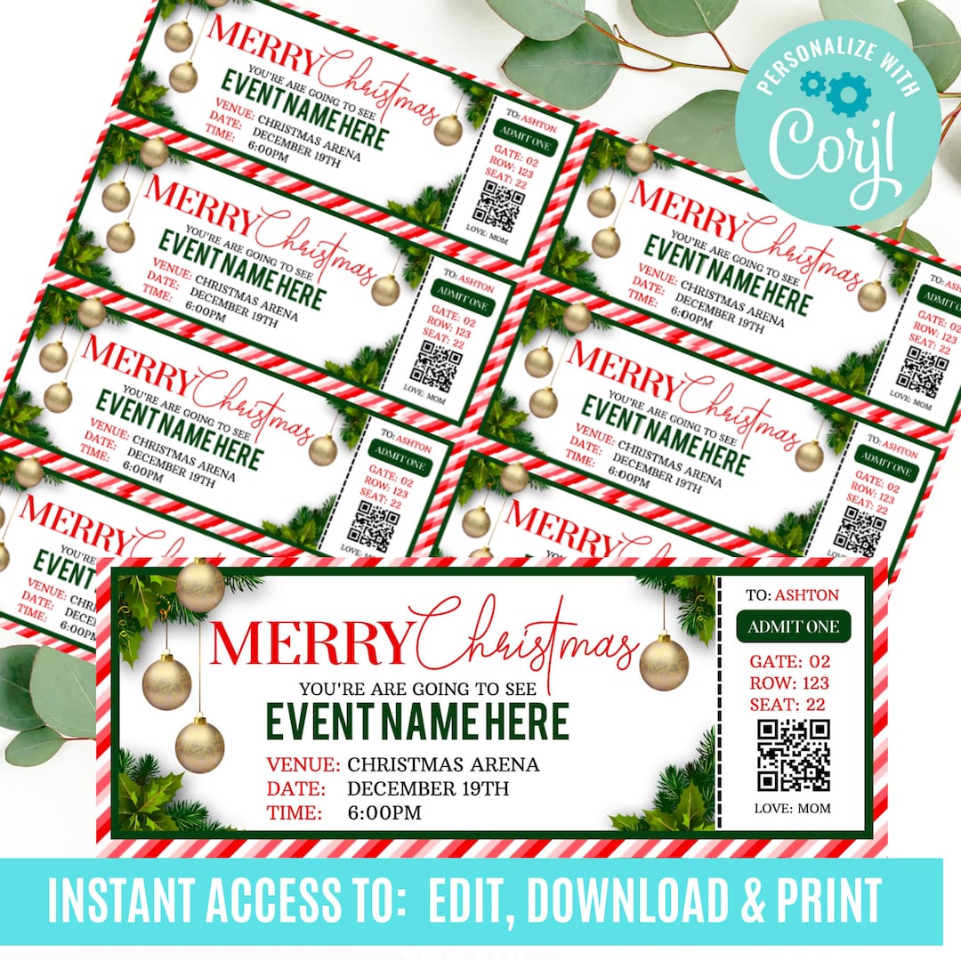 Surprise Christmas Gift, Event Ticket Pintables, Editable Event Tickets