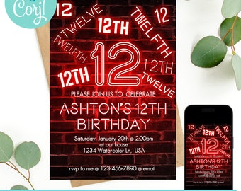 12th birthday, 12th birthday invitation, birthday invitation, birthday invitations for boys, Neon Birthday party Invitation
