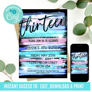 Neon birthday invitation, 13th birthday invitation, thirteenth birthday invitation, Glow in the dark invitation,  Neon birthday invite