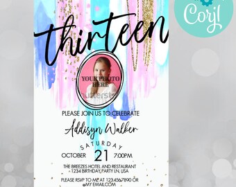 13th birthday invitation girl, thirteenth birthday , 13th birthday invitation, thirteenth birthday party invitation, invitation with photo
