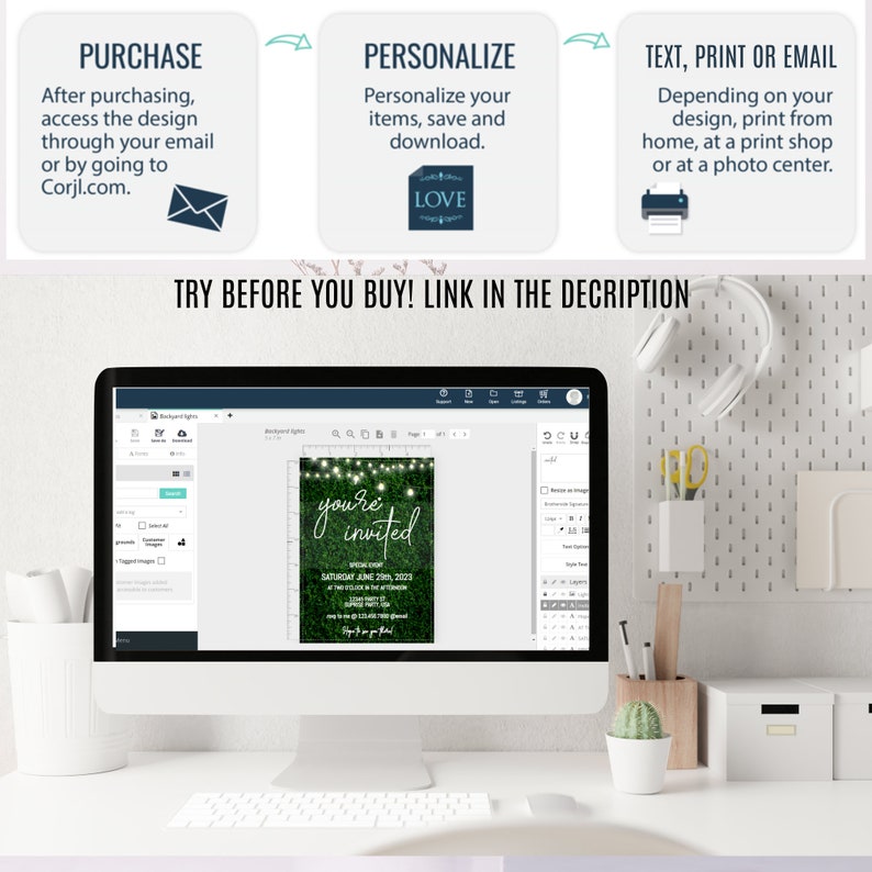 May include: A computer screen displaying a green and white invitation template with the text "you're invited" on a green background with white lights. The template is being edited in a design program with a toolbar on the left side of the screen.