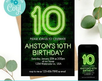 Any Age, Neon Light Birthday Invitation, 10th Birthday Invitation, Double Digits Birthday Invitation, Glow in the dark birthday Invitation