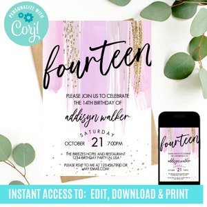 14th birthday, girl invitations, teen birthday invitation,  birthday invitation, confetti invitation, teenage girl birthday