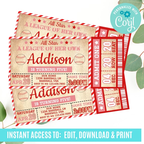 A League of her own baseball invitation, Baseball ticket invitation, Baseball Birthday, All Star, Softball birthday invitation