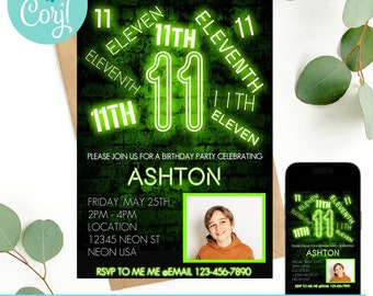 11th birthday, 11th birthday invitation, birthday invitation, birthday invitations for boys, Neon Birthday Invite, boys 11th birthday
