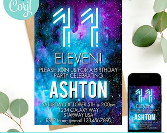 Galaxy Birthday Invitation, 11th birthday invitation, eleventh birthday invitation, galaxy theme digital invitation, neon birthday invite