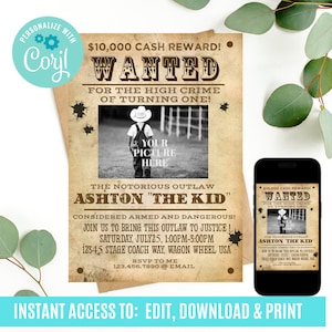 Wanted Poster Birthday Invitation, Cowboy invitation, Wanted invitation, Wanted poster invite, Cowgirl invitation