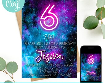Galaxy Birthday Invitation, sixth birthday invitation, 6th birthday invitation, galaxy theme digital invitation, neon birthday invite