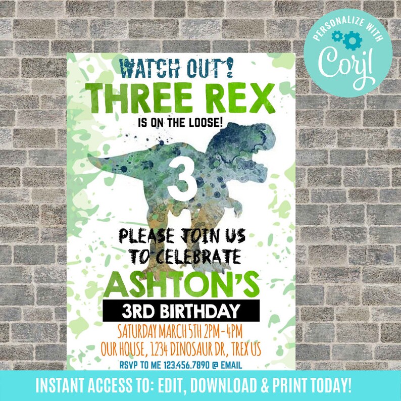 Three Rex Invitation, Dinosaur birthday invitation, Three Rex Birthday Invitation, Three Rex Invite Printable Dinosaur 