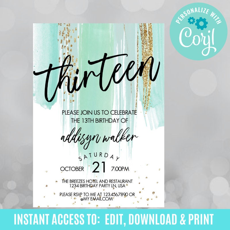 13th Birthday Invitation Girl Thirteenth Birthday Invitation - Etsy ...