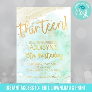 13th birthday invitation, 13th birthday invitation girl, birthday sleepover invitation, teenage birthday invitation,teal birthday invitation