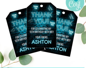 Glow in the dark gift tags, Glow thank you tags, Editable gift tags, Neon birthday tag, Laser tag birthday thank you, Neon favor tag