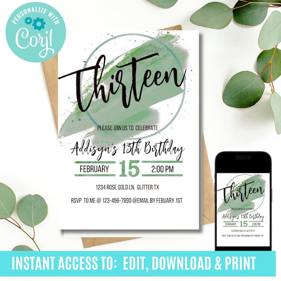 13th birthday, girl invitations, teen birthday invitation, 13th birthday invitation, editable invitation, green invitation