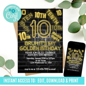 Bruh birthday invitation, 10th birthday invitation, bruh invite, Neon birthday invitation, Golden Birthday, Bruh it's my birthday