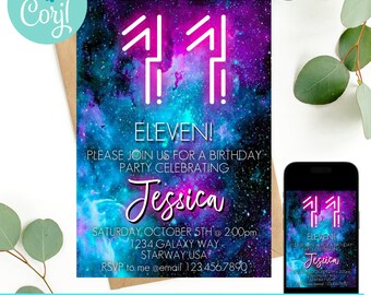 Galaxy-Geburtstags-Einladung, 11.Geburtstags-Einladung, elfte Geburtstagseinladung, Galaxie-Thema, digitale Einladung, Neon-Geburtstagskarte