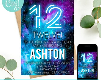 May include: A printable birthday party invitation with a galaxy background. The invitation features a neon blue and purple design with the number 12 and the text "TWELVE!"  The invitation is for a party celebrating Ashton. The invitation includes the date, time, and location of the party.