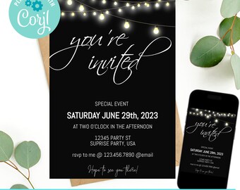 Peut inclure: Une invitation imprimable modifiable en noir et blanc avec des guirlandes lumineuses et le texte "vous êtes invités" pour un événement spécial le samedi 29 juin 2023 à 14h00. L'invitation comprend l'adresse 12345 Party St, Surprise Party, USA et une adresse e-mail pour RSVP.