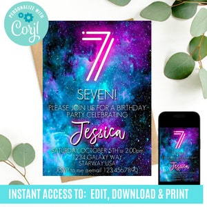 Galaxy Birthday Invitation, seventh birthday invitation, 7th birthday invitation, galaxy theme digital invitation, neon birthday invite