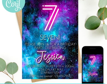 Galaxy Birthday Invitation, seventh birthday invitation, 7th birthday invitation, galaxy theme digital invitation, neon birthday invite