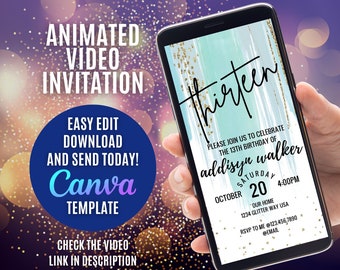 May include: A blue and gold animated video invitation for a 13th birthday party. The invitation features the text "Thirteen" in a black cursive font, with gold glitter accents. The invitation also includes the birthday girl's name, "addisyn walker", the date and time of the party, and the location. The invitation is designed to be sent via text message or social media.