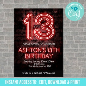 Any Age, Neon Light Birthday Invitation, 13th Birthday Invitation, Boys 13th Birthday Invitation, Glow in the dark birthday Invitation