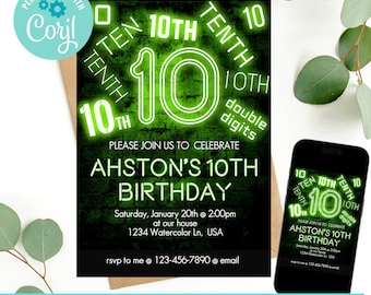 Neon Light Birthday Invitation, 10th Birthday Invitation, Double Digits Birthday Invitation, Glow in the dark birthday Invitation