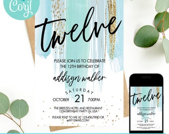 May include: A blue and gold birthday invitation with the text "twelve" in black script. The invitation is for a 12th birthday party for Addisyn Walker, to be held on Saturday, October 21st at 7:00 PM at The Breezes Hotel and Restaurant. The invitation includes the address and RSVP information.