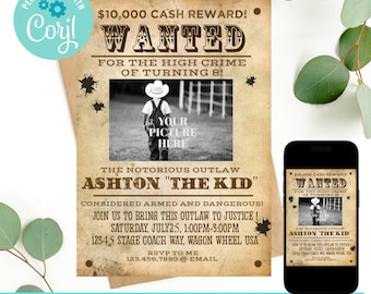 Editable Wanted Poster Invitation, Cowboy Birthday Invitation, Cowboy Party, Picture, Western Birthday Party Invitation, 8th birthday