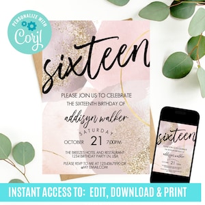 Puede incluir: Una invitaci&oacute;n digital rosa y dorada con el texto "sixteen" en letra cursiva negra. La invitaci&oacute;n es para una fiesta de cumplea&ntilde;os n&uacute;mero 16 para Addyson Walker el s&aacute;bado 21 de octubre a las 7:00 PM. La fiesta se llevar&aacute; a cabo en The Breezes Hotel and Restaurant, 1234 Birthday Party Ln, USA. La invitaci&oacute;n incluye el texto "Por favor, responde a mi llamada al 123.456.7890 o @myemail.com".