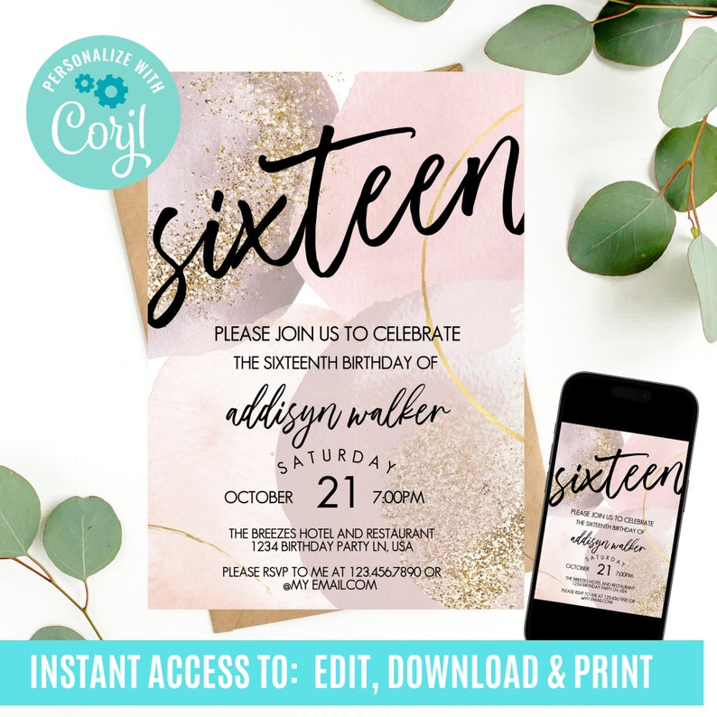 Puede incluir: Una invitaci&oacute;n digital rosa y dorada con el texto "sixteen" en letra cursiva negra. La invitaci&oacute;n es para una fiesta de cumplea&ntilde;os n&uacute;mero 16 para Addyson Walker el s&aacute;bado 21 de octubre a las 7:00 PM. La fiesta se llevar&aacute; a cabo en The Breezes Hotel and Restaurant, 1234 Birthday Party Ln, USA. La invitaci&oacute;n incluye el texto "Por favor, responde a mi llamada al 123.456.7890 o @myemail.com".