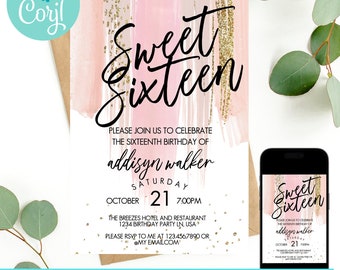 Sweet 16 invitation, 16th birthday invitation, girl invitations, teen birthday invitation, confetti invitation, teenage girl birthday