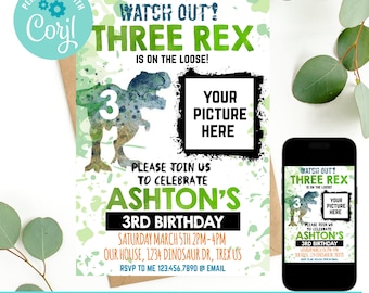 May include: A green and white dinosaur birthday party invitation with a watercolor effect. The invitation says "Watch Out! Three Rex is on the loose!" and features a green dinosaur with the number 3 on its side. The invitation also includes a space for a photo and the text "Please join us to celebrate Ashton's 3rd Birthday".