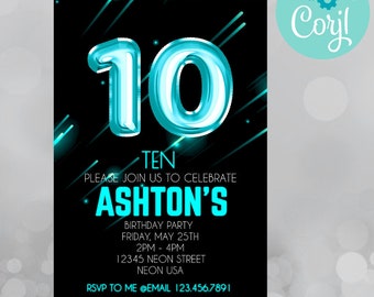 10th birthday, 10th birthday invitation, birthday invitation, birthday invitations for boys, Neon Birthday Invite, boys 10th birthday