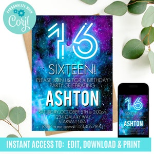 Galaxy Birthday Invitation, sweet sixteen  invitation, sixteenth birthday invitation, galaxy theme digital invitation, neon birthday invite