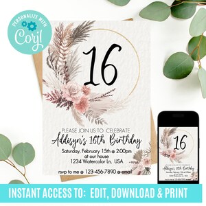 16th birthday invitation, boho birthday invitation, bohemian birthday invitation, pampas birthday invitation, sweet 16 invitation