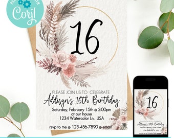 convite de aniversário de 16 anos, convite de aniversário boho, convite de aniversário boho, convite de aniversário pampas, convite doce 16