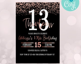 13. Geburtstag, Any Age Mädchen Einladungen, Teen Birthday Einladung, Roségold GeburtstagSeinladung, Konfetti Einladung, Teenage Girl Geburtstag