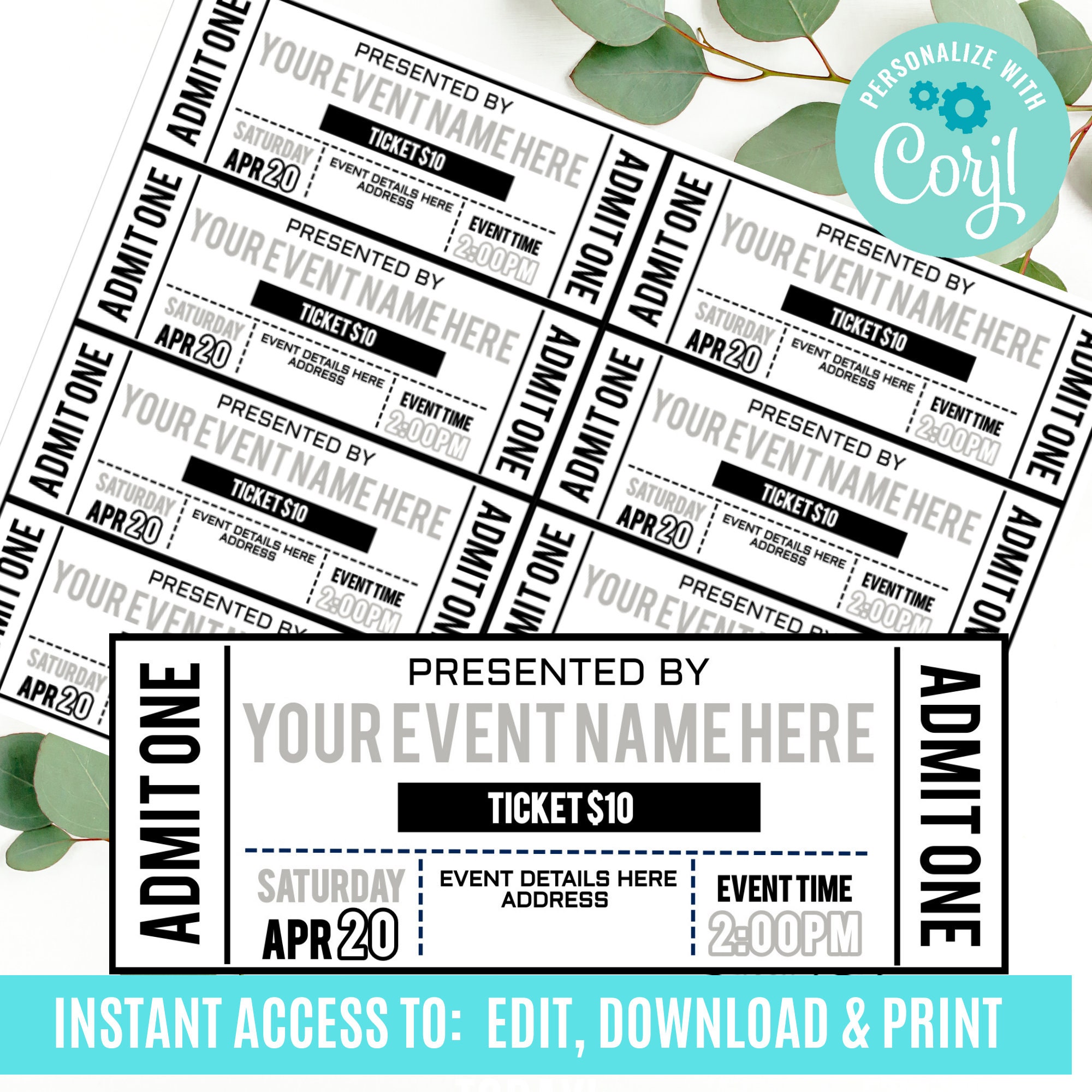 Event Ticket Printables, Editable Event Tickets, Event Ticket Template Printable, DIY Event Ticket, Fake Editable Pass, Instant Download - Etsy for Free Printable Event Ticket Template
