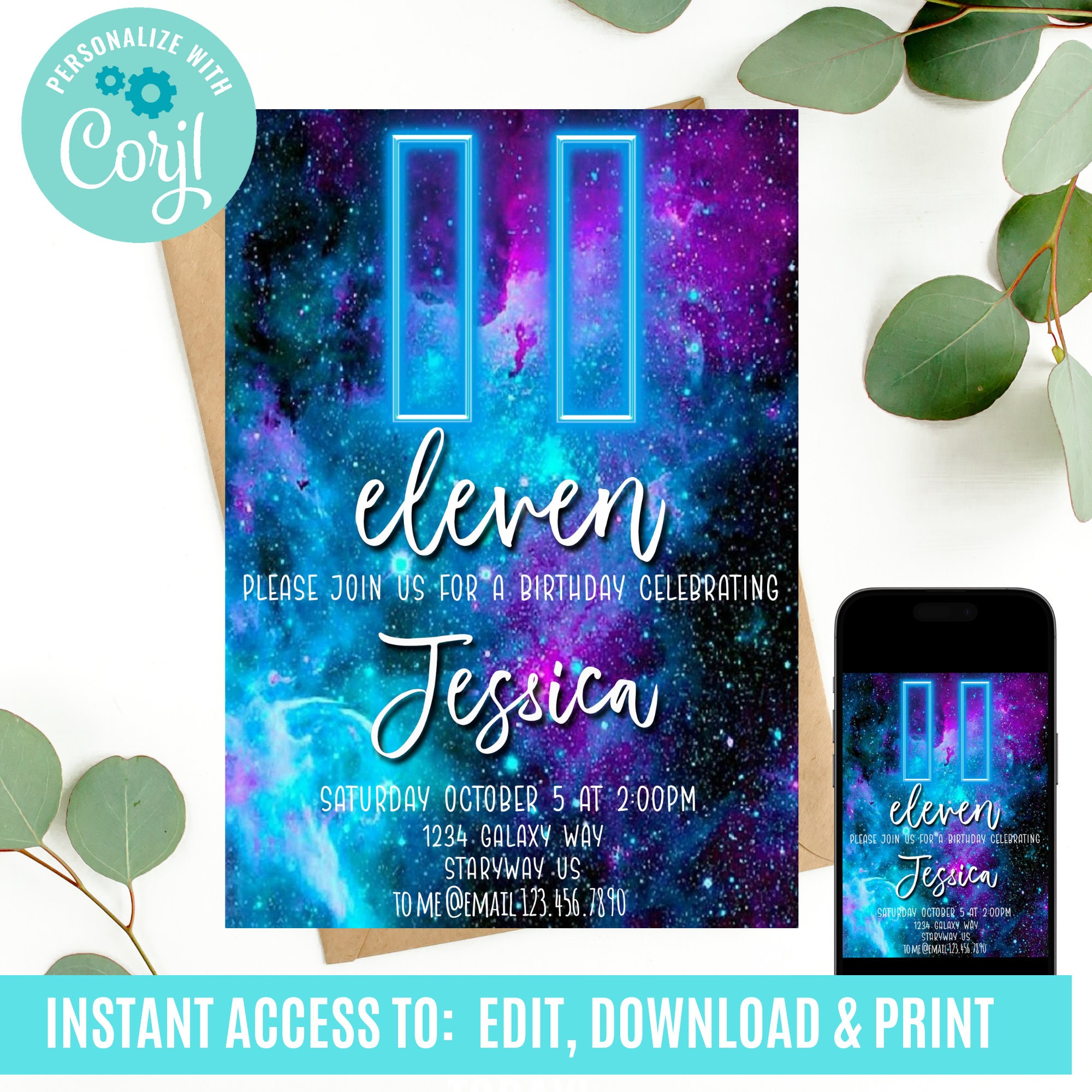 Galaxy Birthday Invitation, 11th birthday invitation, eleventh birthday invitation, galaxy theme digital invitation, neon birthday invite