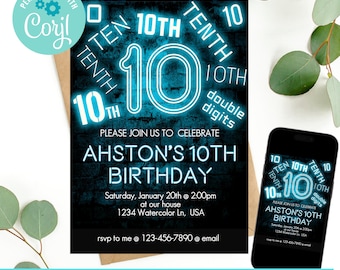 Neon Light Birthday Invitation, 10th Birthday Invitation, Double Digits Birthday Invitation, Glow in the dark birthday Invitation, Tenth