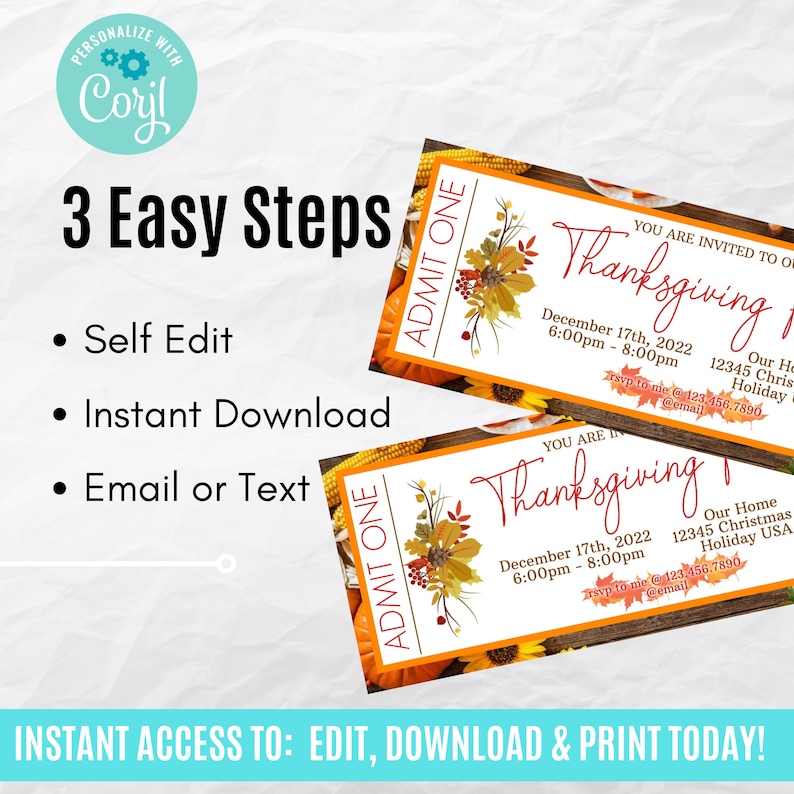 Thanksgiving Feast Ticket, Event Ticket Pintables, Editable Event ...